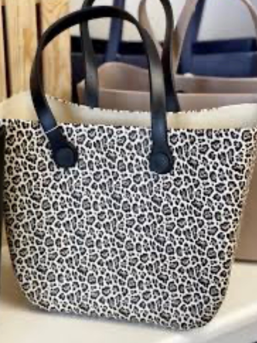 Versa vinyl Leopard Print Tote Bag with Black Handles